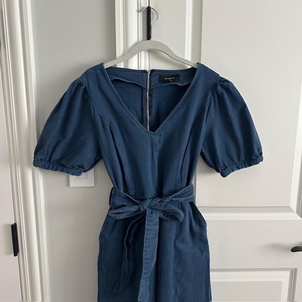 En Saison Puff Sleeve Belted Denim Wide Leg Jumpsuit Medium - Picture 3 of 16